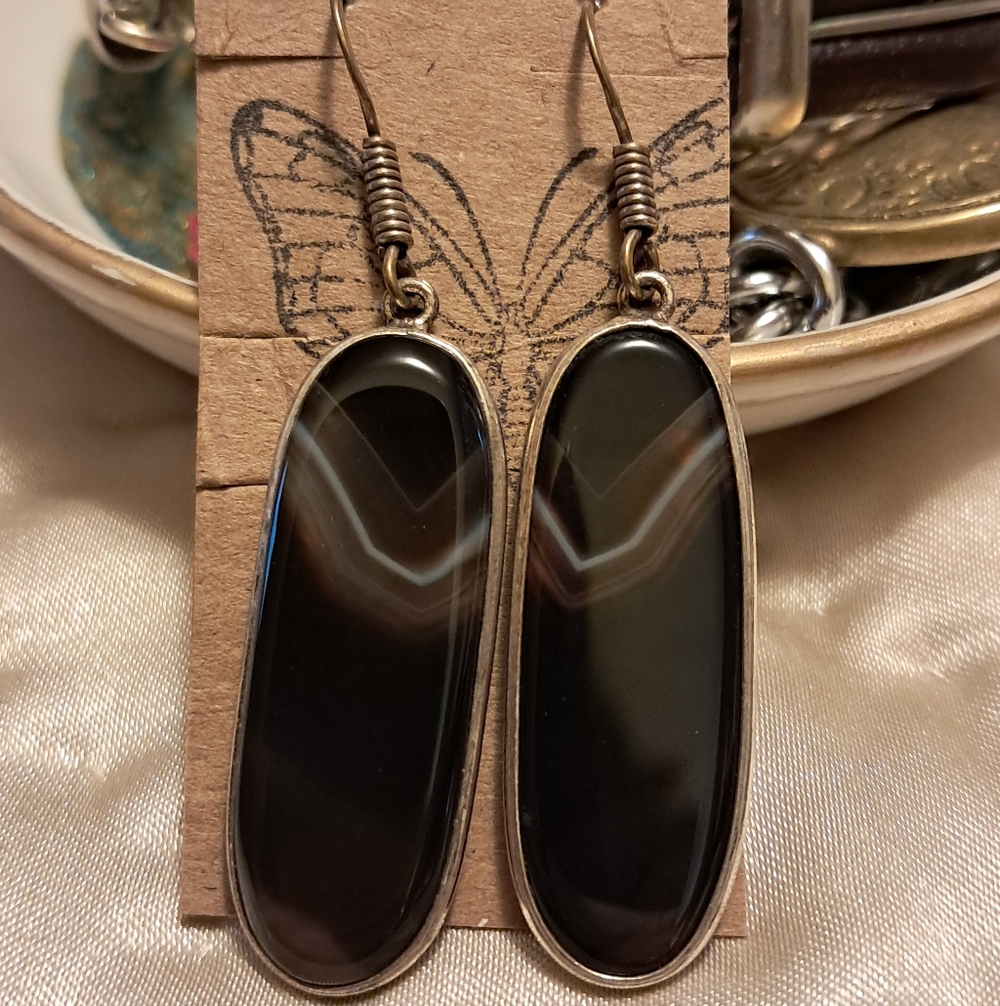 Sterling Chocolate Banded Lacy Dangle Earrings